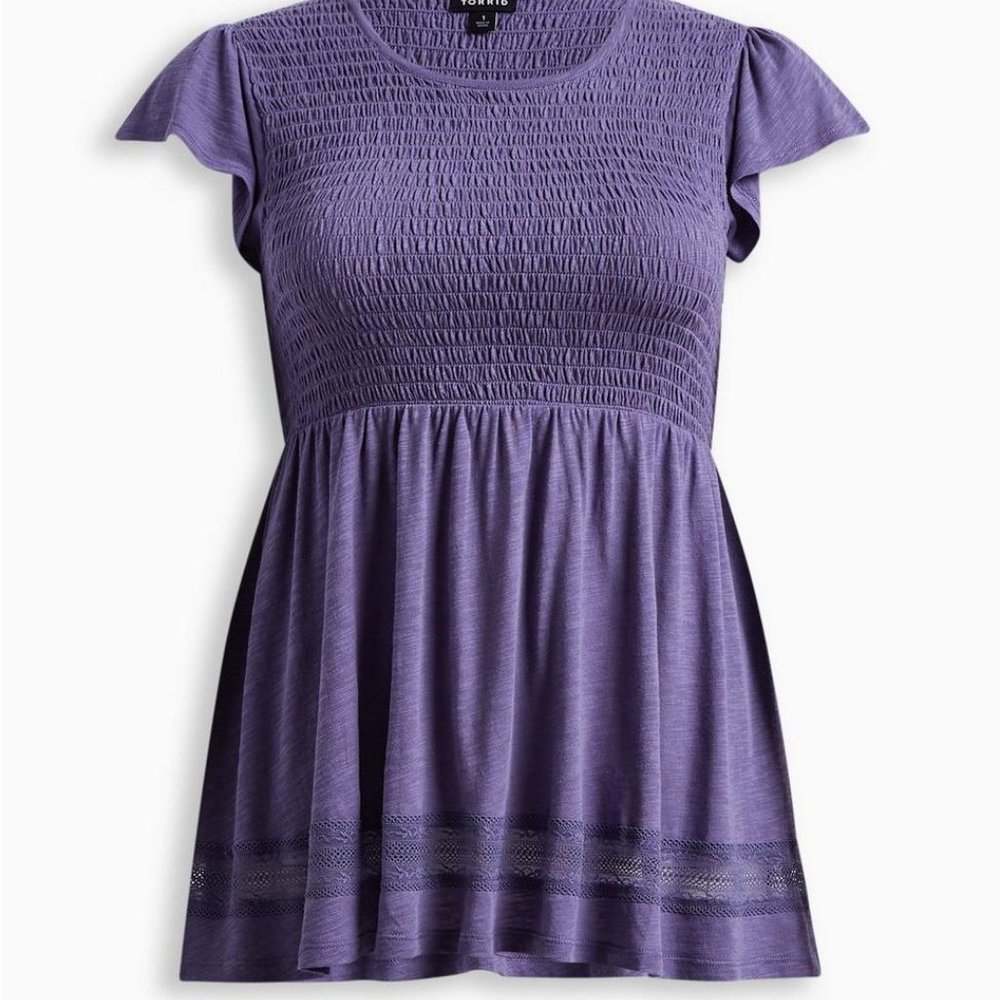 Torrid - Size 2 - Babydoll Crew Neck Smocked Bodice Lace Inset Top